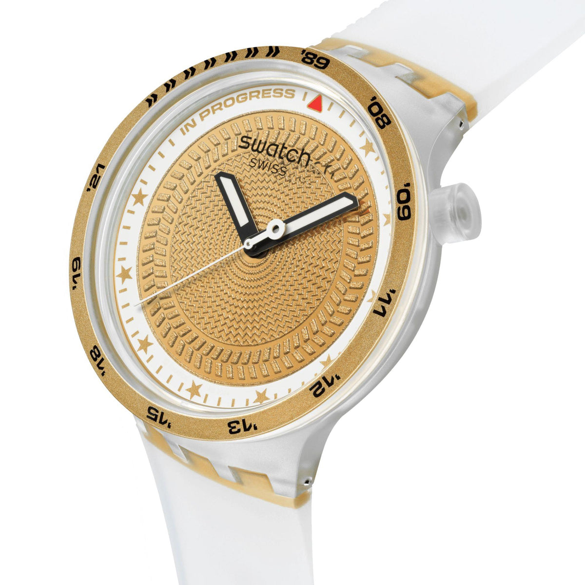 Gold-tone bezel mens watch with golden textured dial and white silicone strap