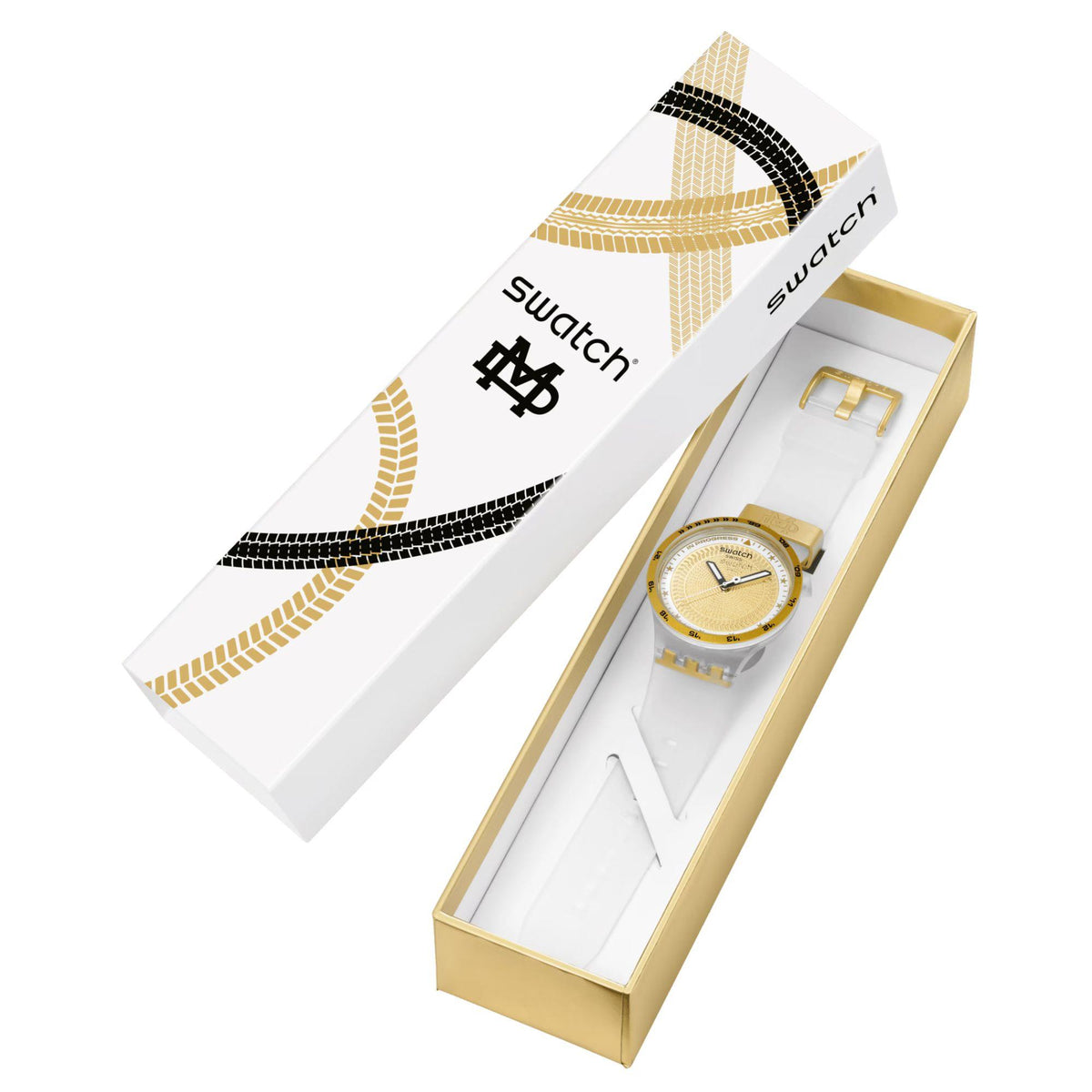 Mens gold-tone watch with textured golden dial in box, white silicone strap