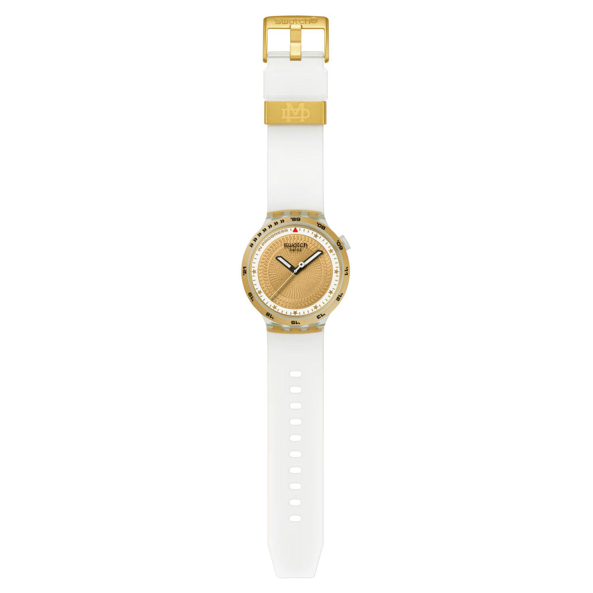 Gold-tone mens watch with golden dial and white silicone strap
