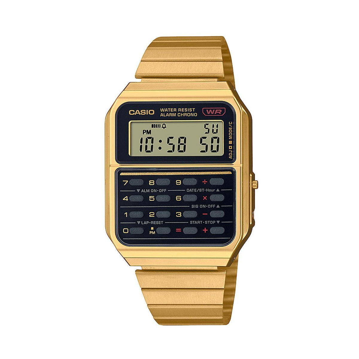 Gold-tone steel digital calculator-style wrist watch with black LCD and push buttons
