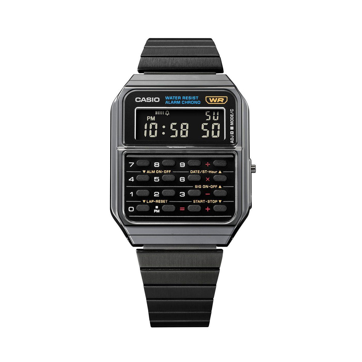 Casio digital calculator watch, black steel bracelet, LCD shows time and calculator buttons