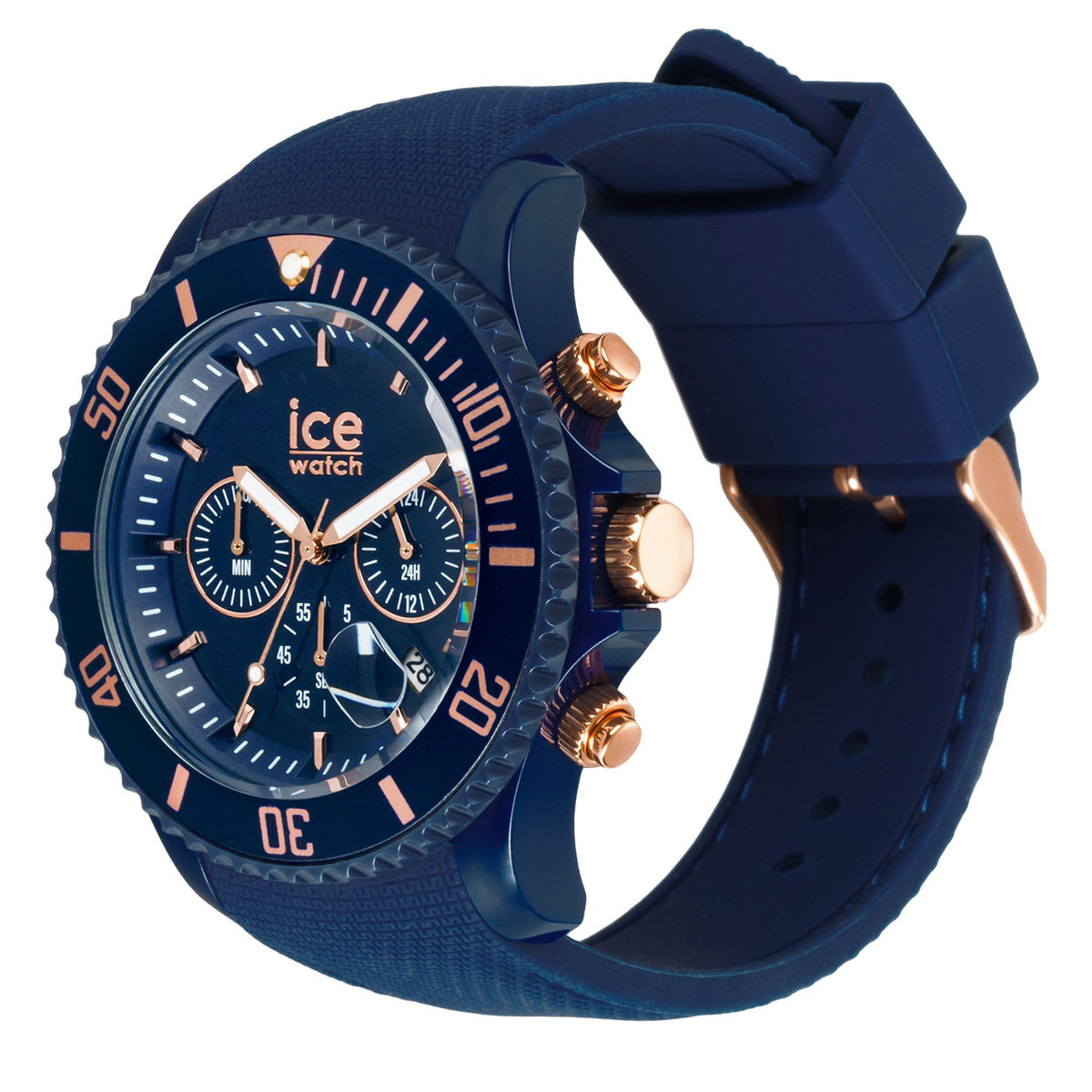 Men's chronograph watch angled side view with blue dial and blue silicone strap, rose-gold pushers.