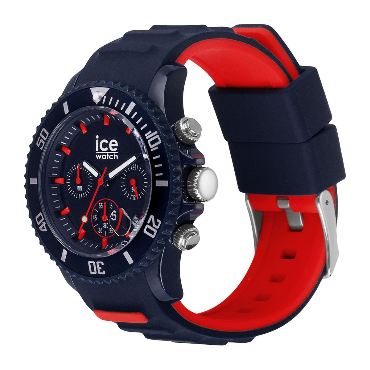 Chronograph watch angled view, dark blue case with red dial accents and two-tone silicone strap