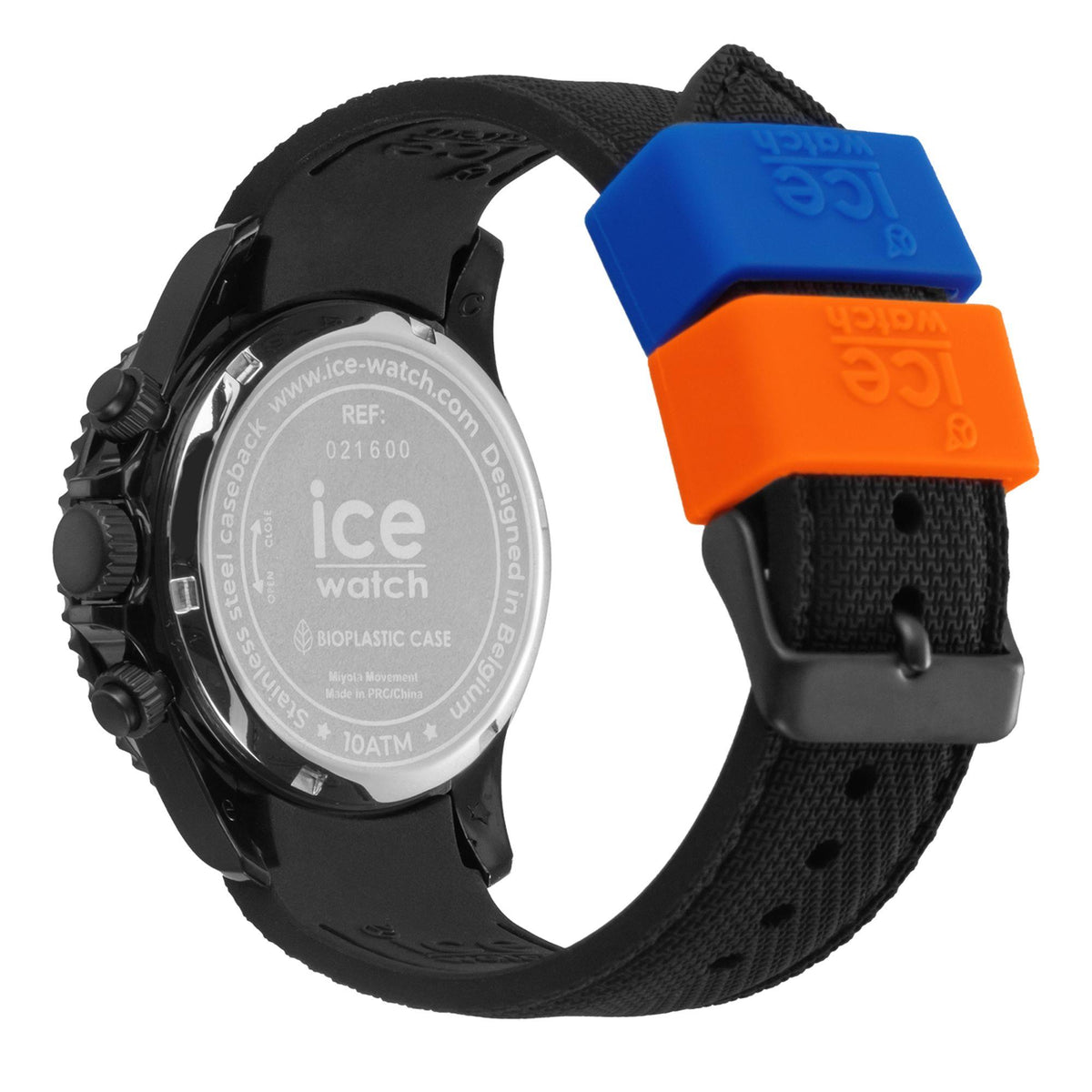 Black chronograph watch caseback marked 'ice watch' with textured black strap.