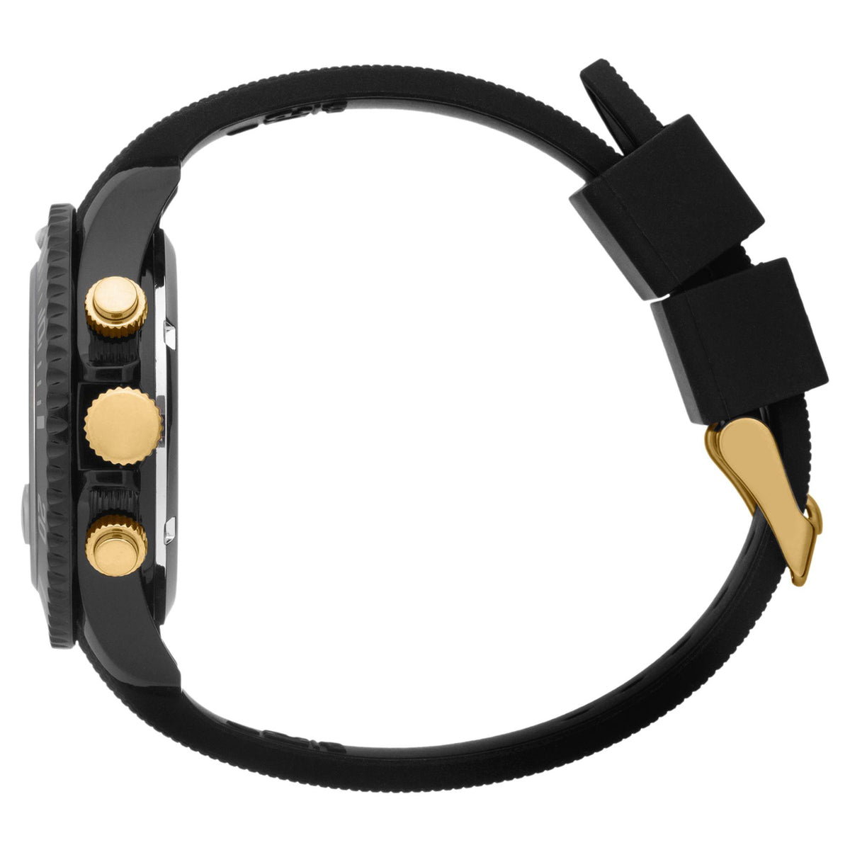 Men's black silicone strap watch side view with gold-tone crown and pushers