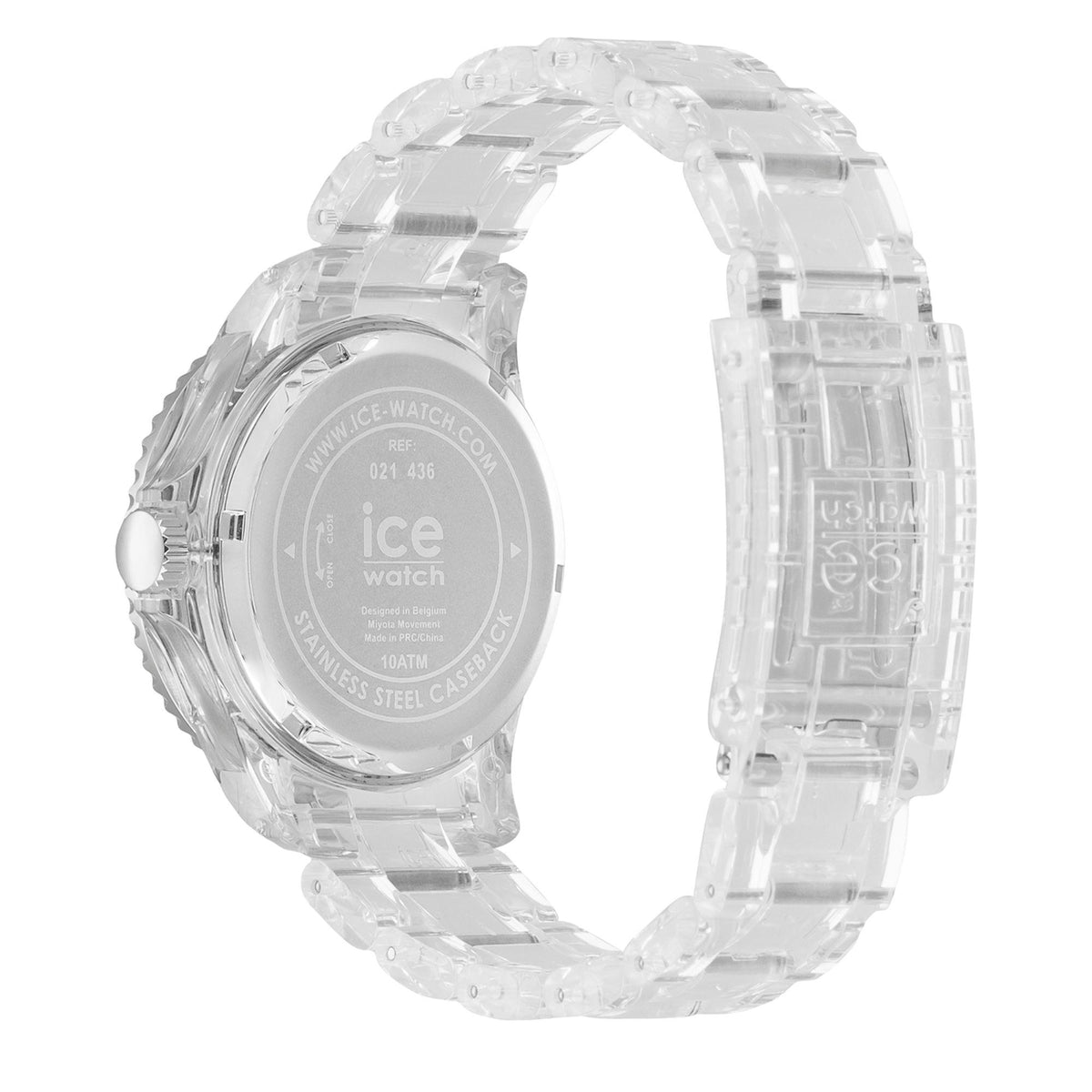 Wristwatch back view with clear silicone strap and engraved metal case back