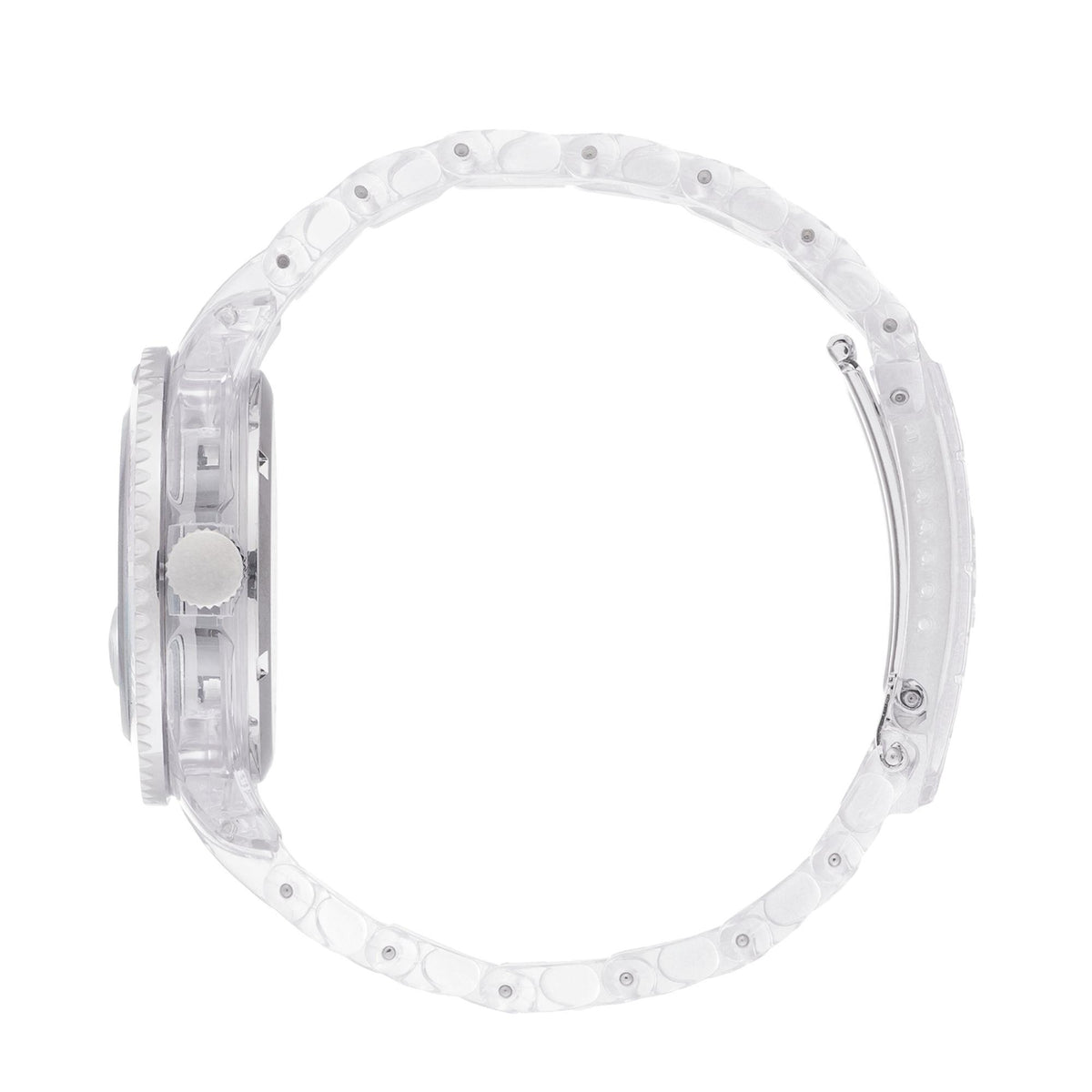 Clear plastic silicone watch strap with buckle and metal clasp, side view
