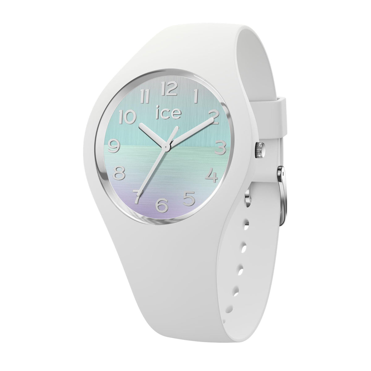 White silicone strap watch with turquoise-to-purple gradient dial and silver-tone case