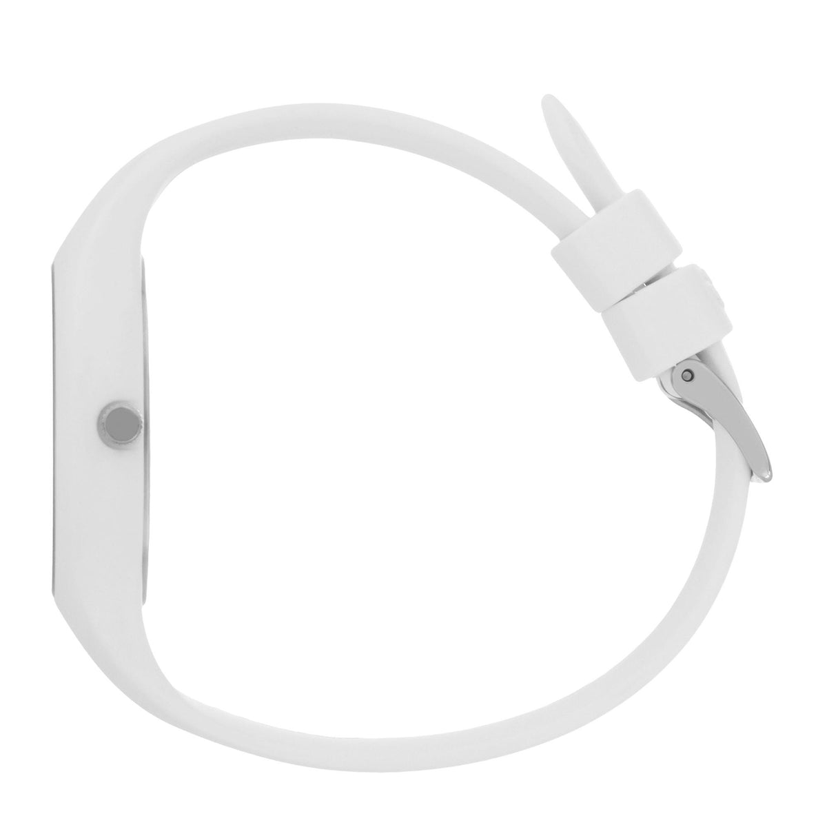 White silicone strap watch with metal buckle and strap holes, back view