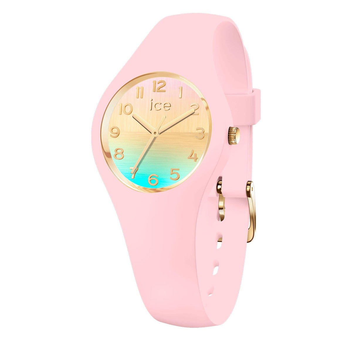 Pink silicone strap watch with round gold case and nude gradient dial
