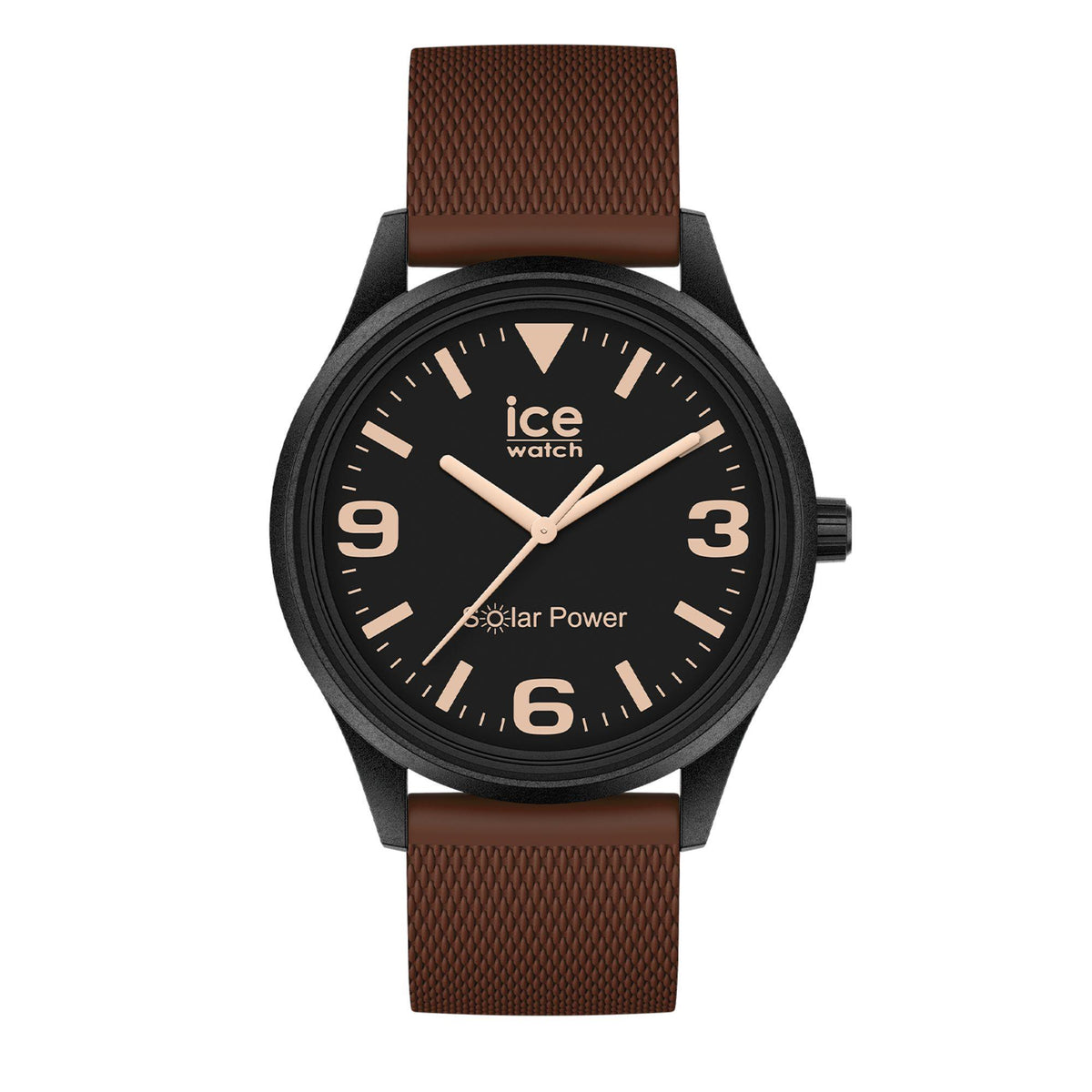 Brown rubber strap casual watch with black dial, gold markers, and round bezel