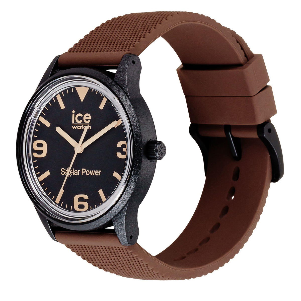 Brown rubber strap watch with black case and black dial, side profile view