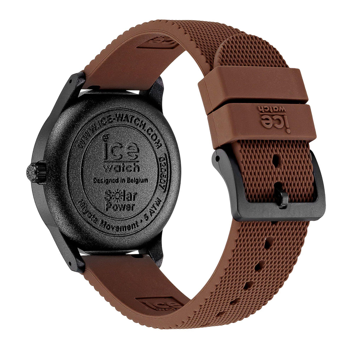 Brown strap watch with black case back engraving and buckle clasp