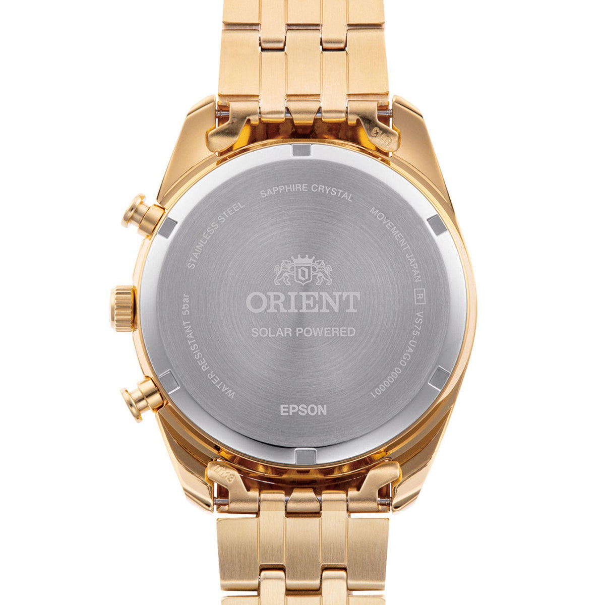 Gold steel watch case back showing SOLAR POWERED text and bracelet clasp.