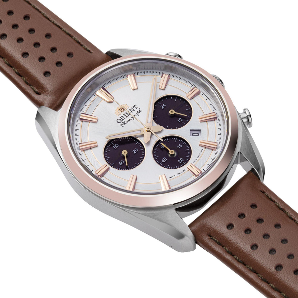 Solar chronograph watch angled view with white dial and brown perforated leather strap