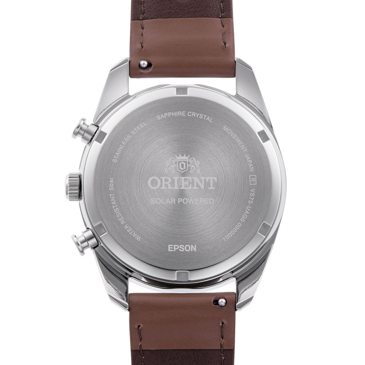 Back view of solar chronograph watch with brown leather strap and metal case