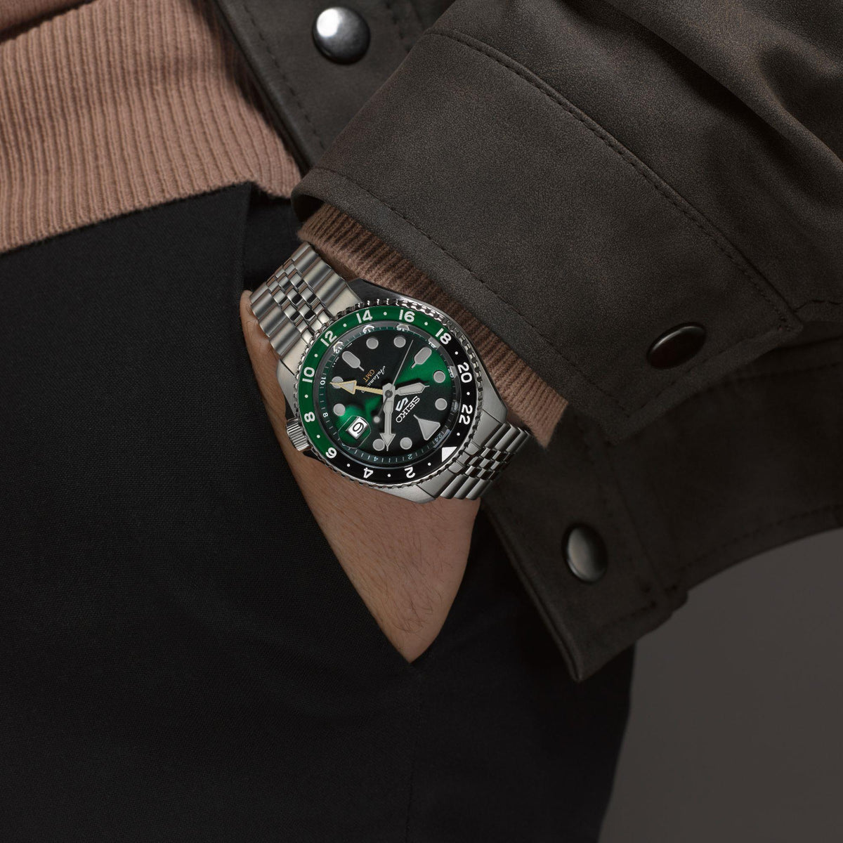 Seiko 5 Sports SSK035K1 green dial on-wrist lifestyle view