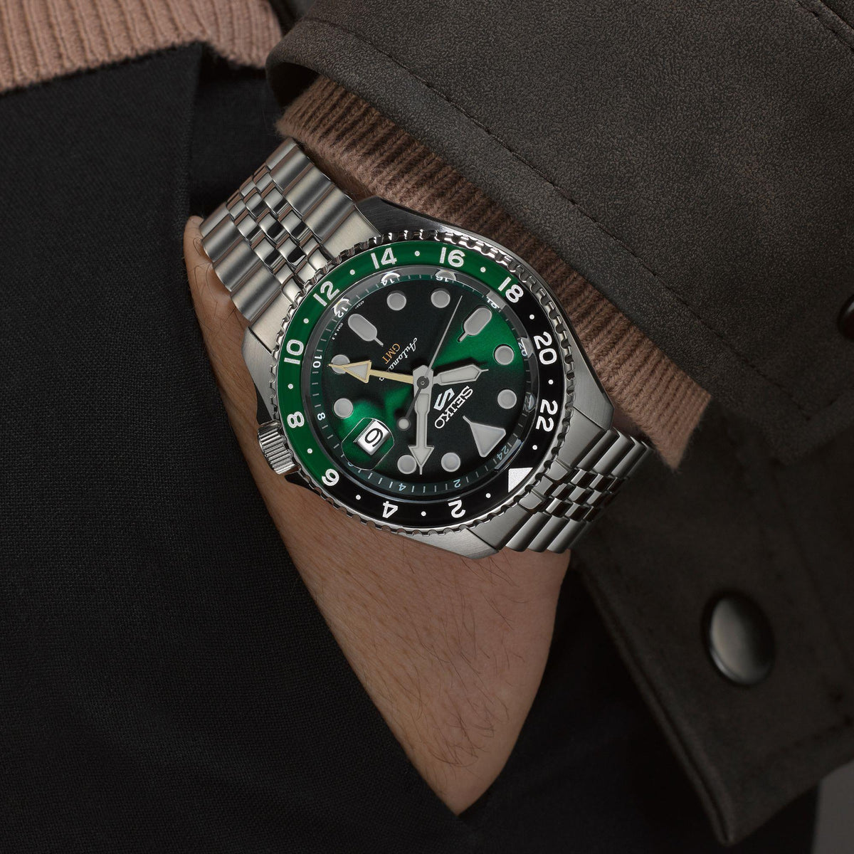 Seiko 5 Sports SSK035K1 green dial on-wrist close up view