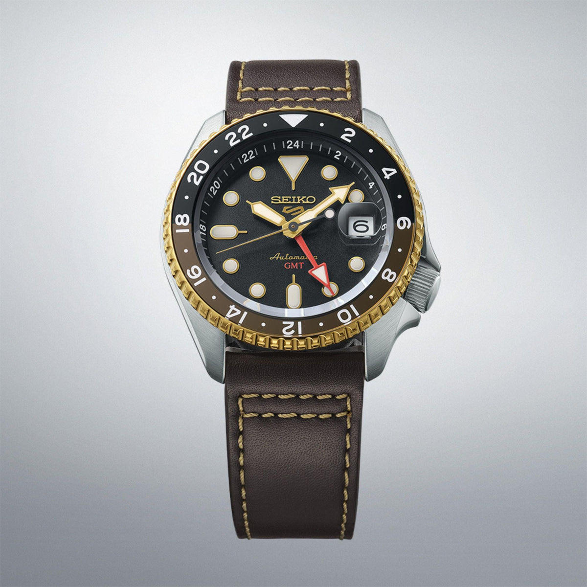 Seiko 5 Sports SKX GMT Mocha SSK036K1 brown leather strap and front view