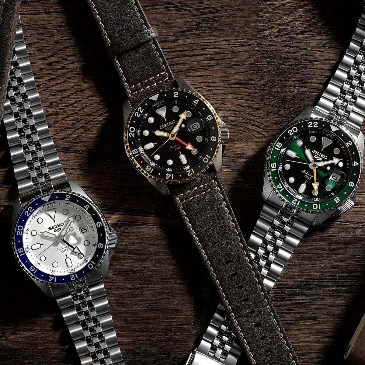 Seiko 5 Sports SKX GMT series close up flat lay display