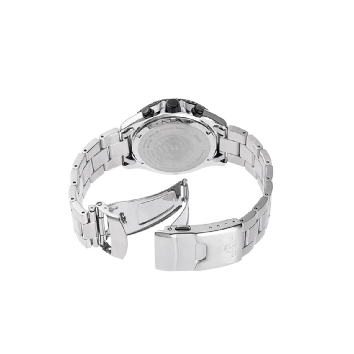 Steel wristwatch caseback and bracelet with folding clasp