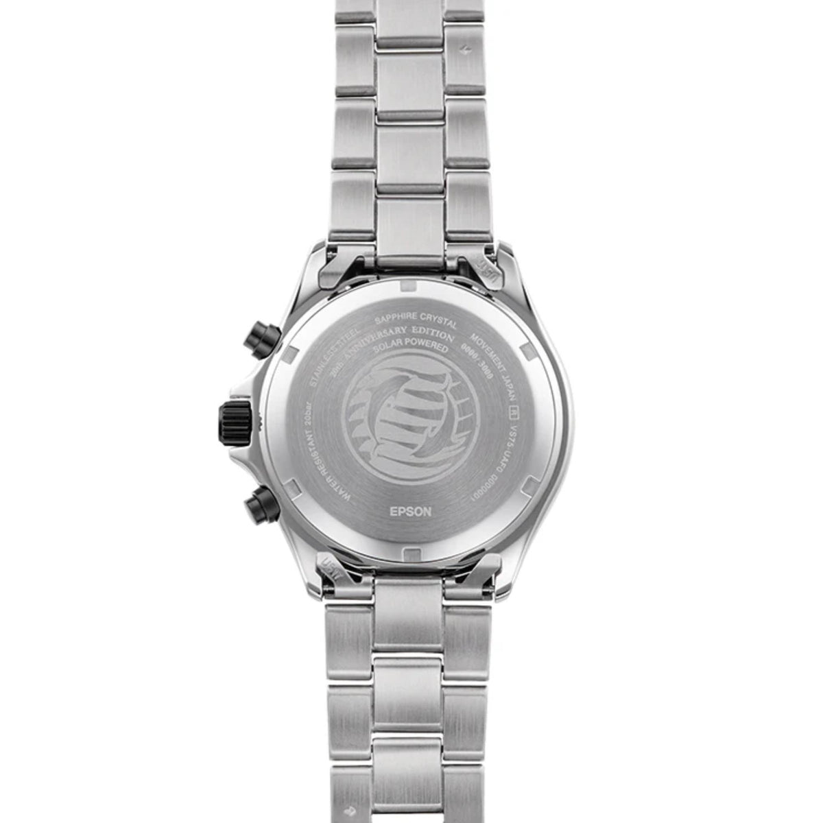 Steel watch caseback with engraved design and link bracelet