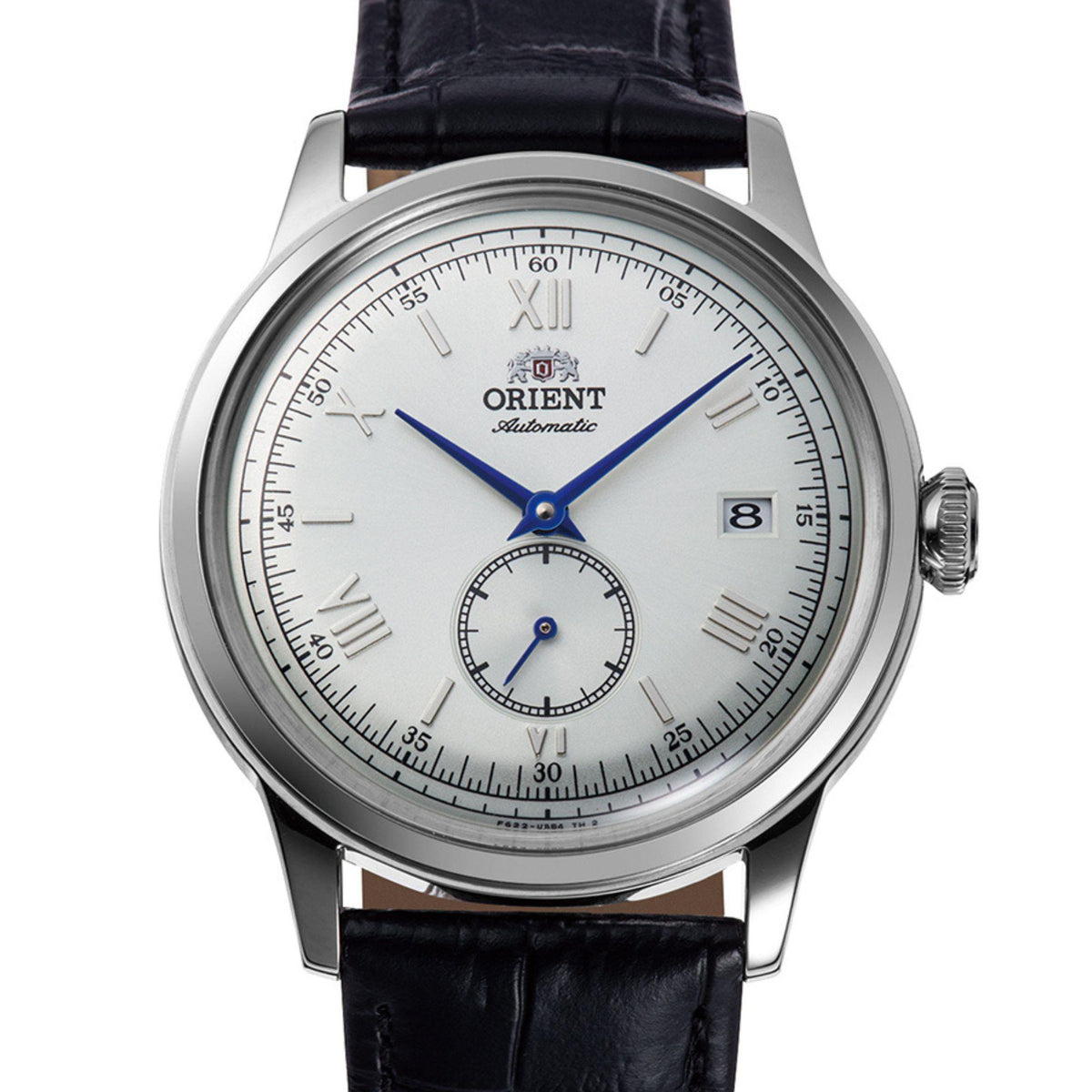 Men's automatic watch with white dial, blue hands, date window, silver case, black leather strap