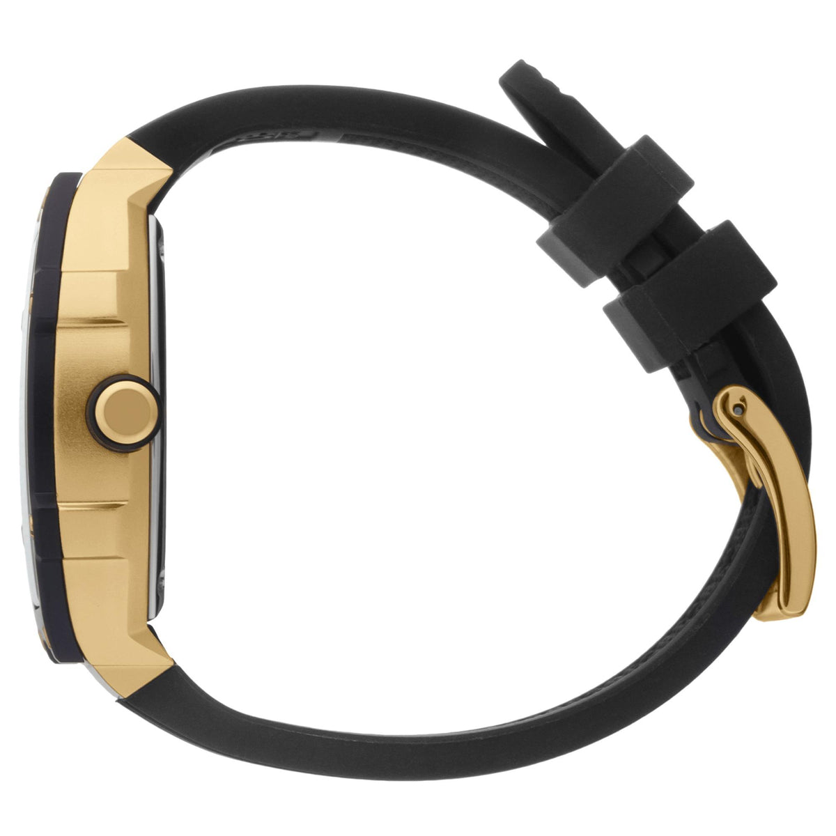 Gold-tone wrist watch case with black silicone strap and side crown
