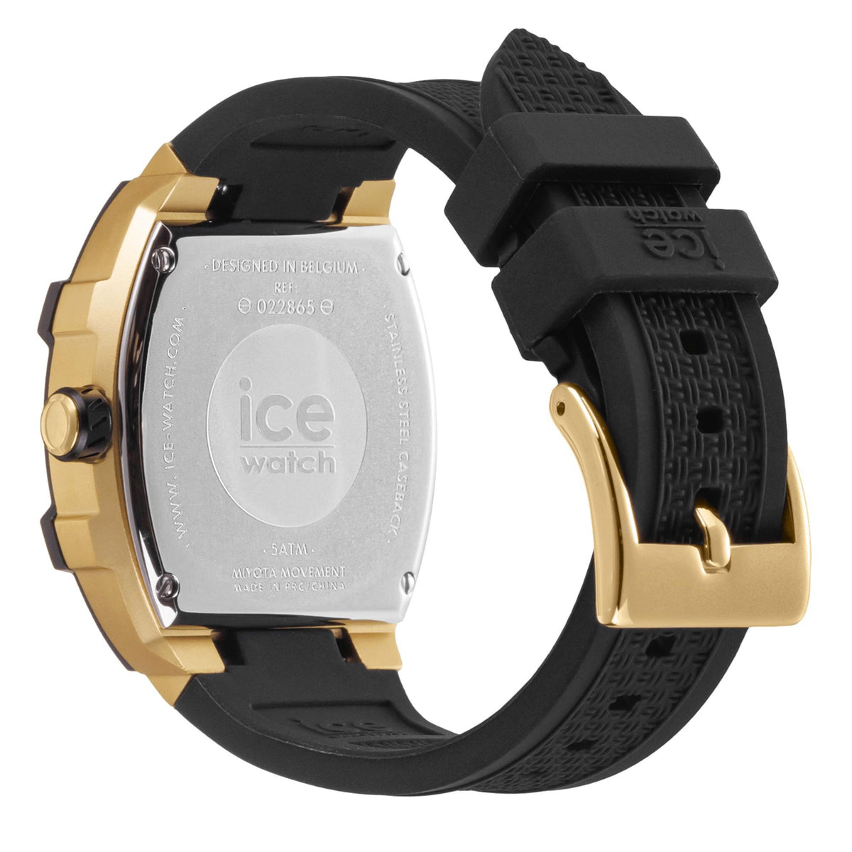 Wrist watch back with water-resistant markings, black silicone strap and gold-tone bezel