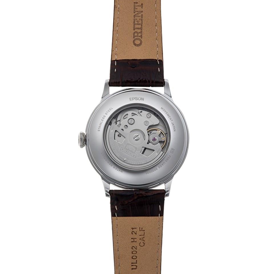 Men's automatic watch, see-through case back with brown leather strap