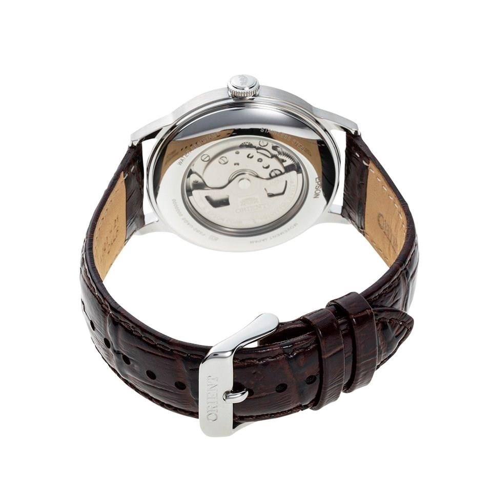 Men's automatic watch with silver case and brown leather strap buckle