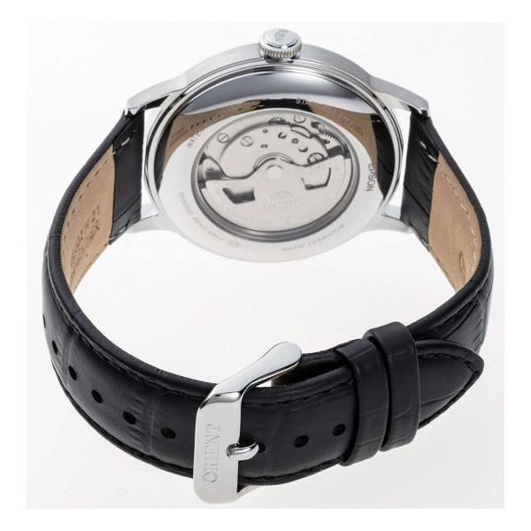Men's wristwatch caseback with black leather strap and stainless steel round back cover.