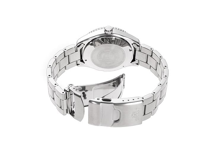 Men's automatic watch clasp and caseback with stainless steel bracelet