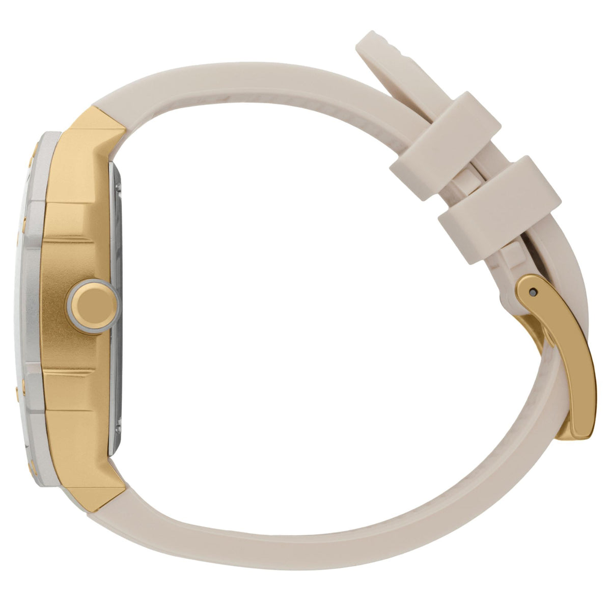 ICE Boliday watch side view: gold case with round crown and beige silicone band