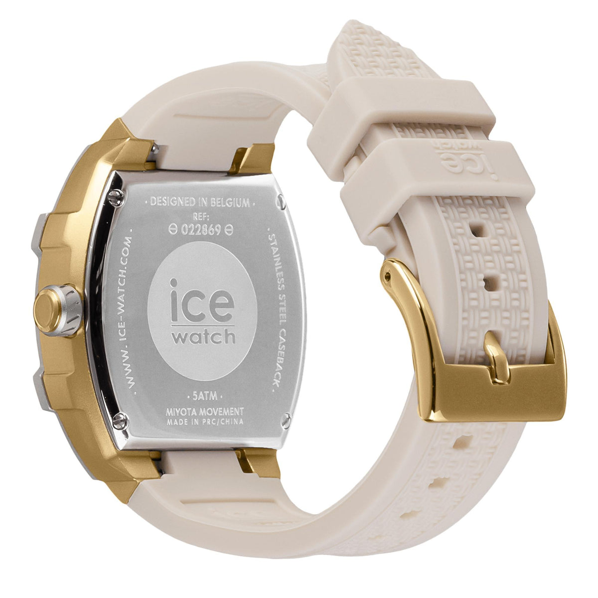 ICE Boliday watch back: engraved gold case and beige textured silicone strap