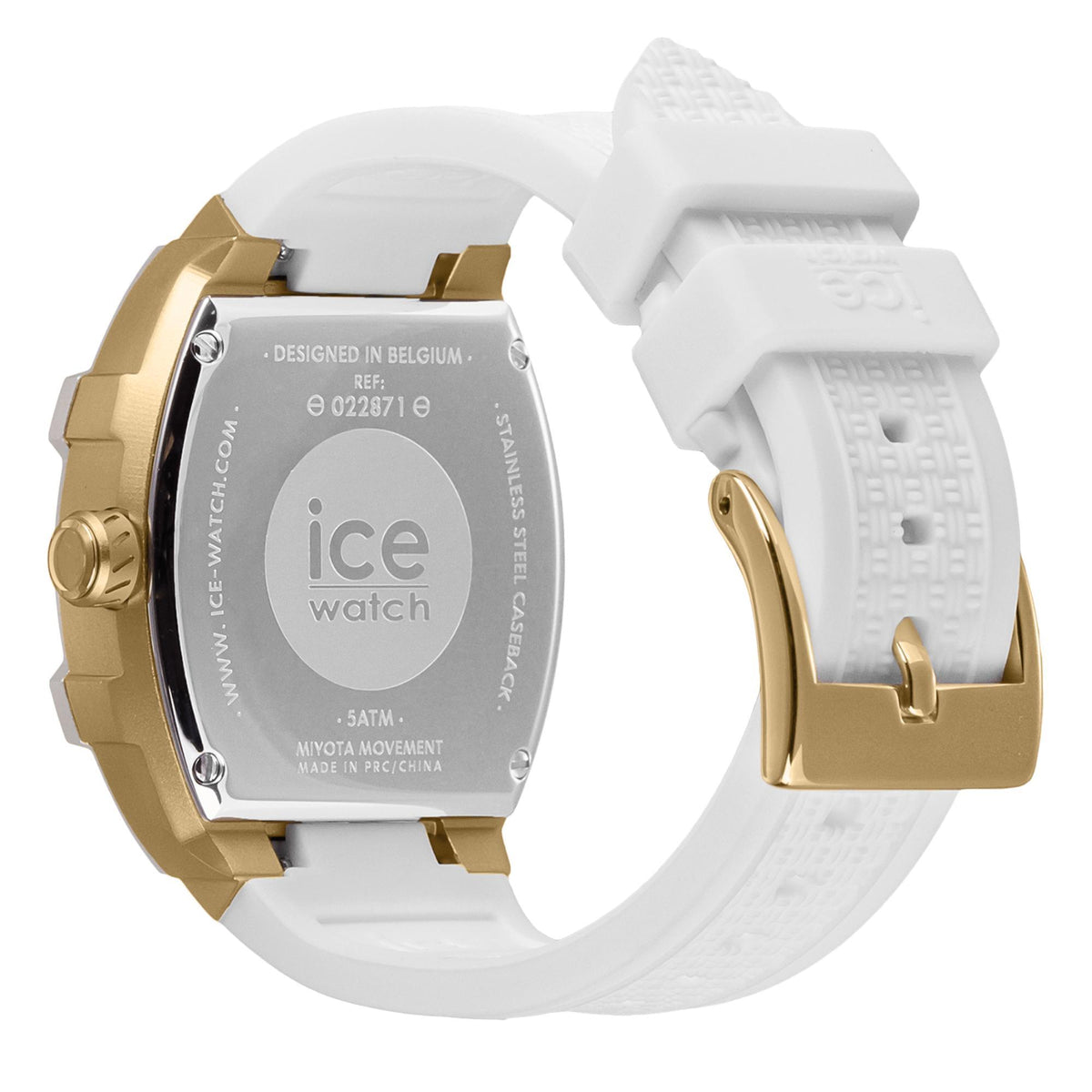 Quartz watch case back with engraved ICE watch logo and white silicone strap, gold trim