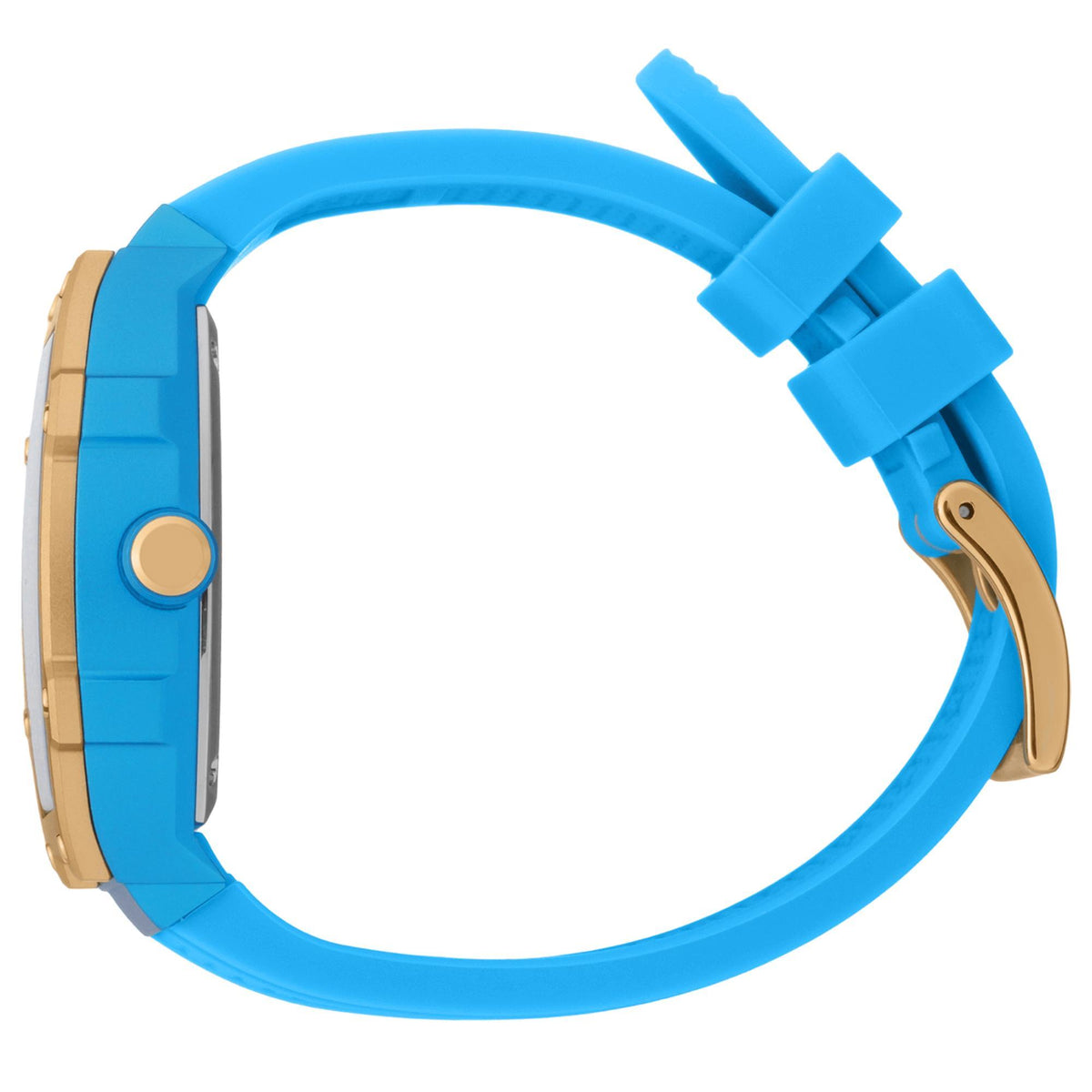 Wristwatch with blue silicone strap and gold-tone case side with crown