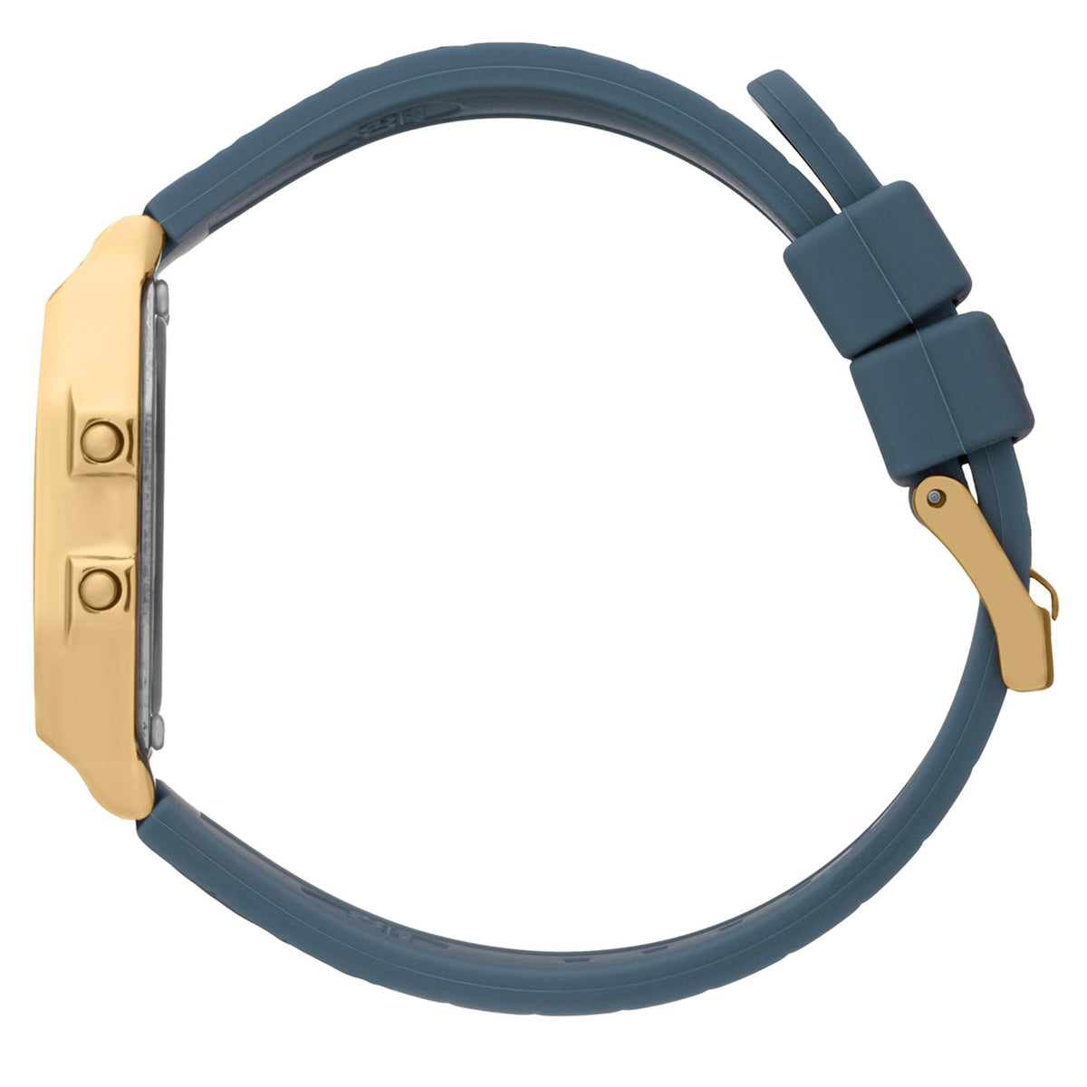 Women’s digital watch case edge and clasp, dark blue silicone strap with gold-tone hardware