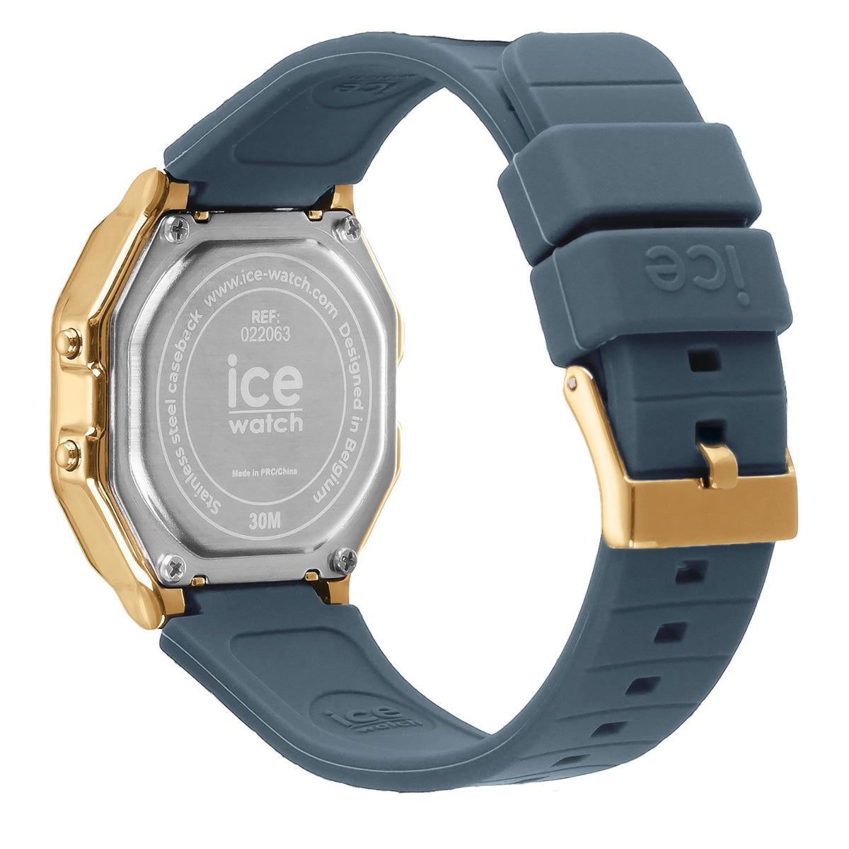 Women’s digital watch back plate, dark blue silicone strap, gold-tone case and screws