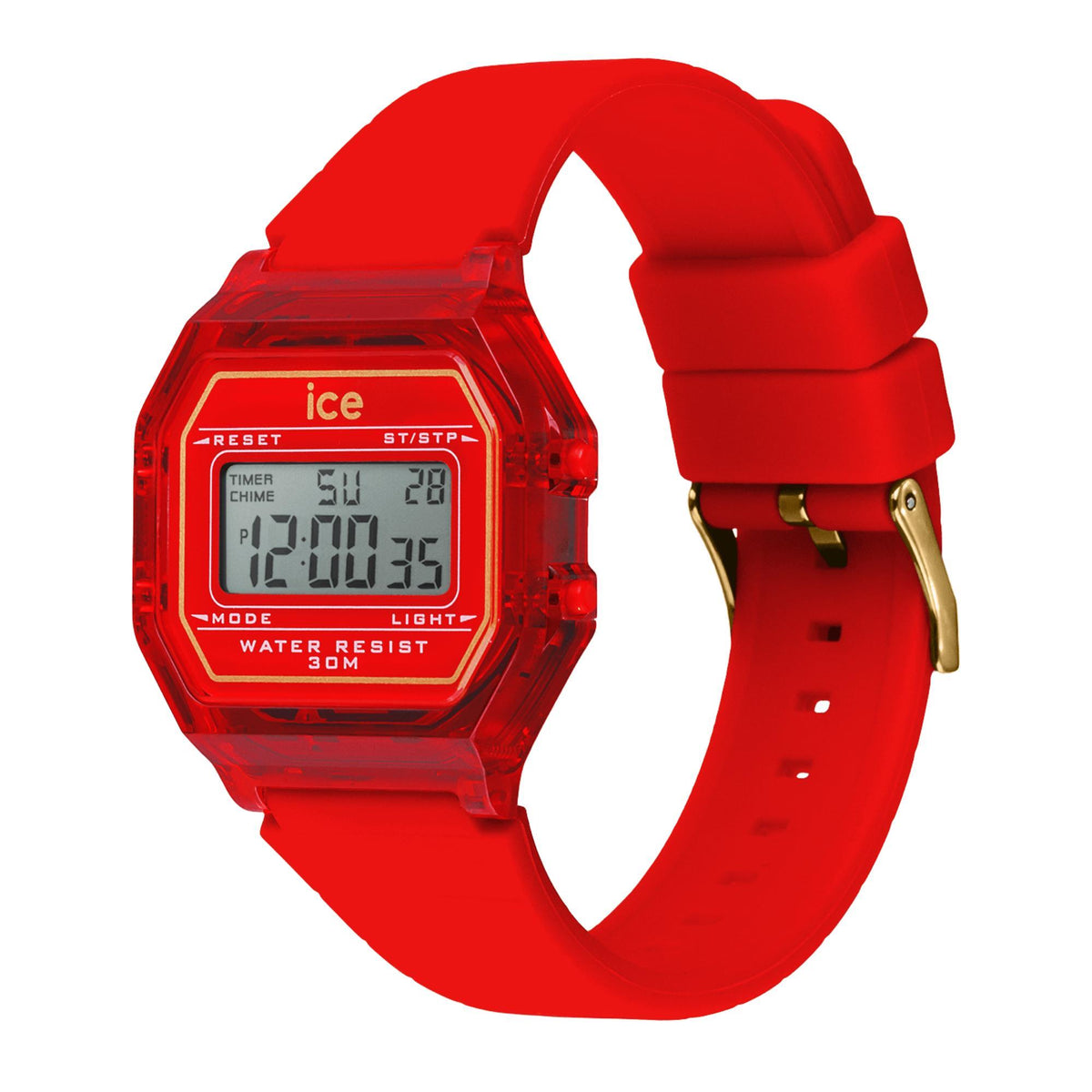Red digital men’s watch with clear case and red silicone strap, gold-toned buckle
