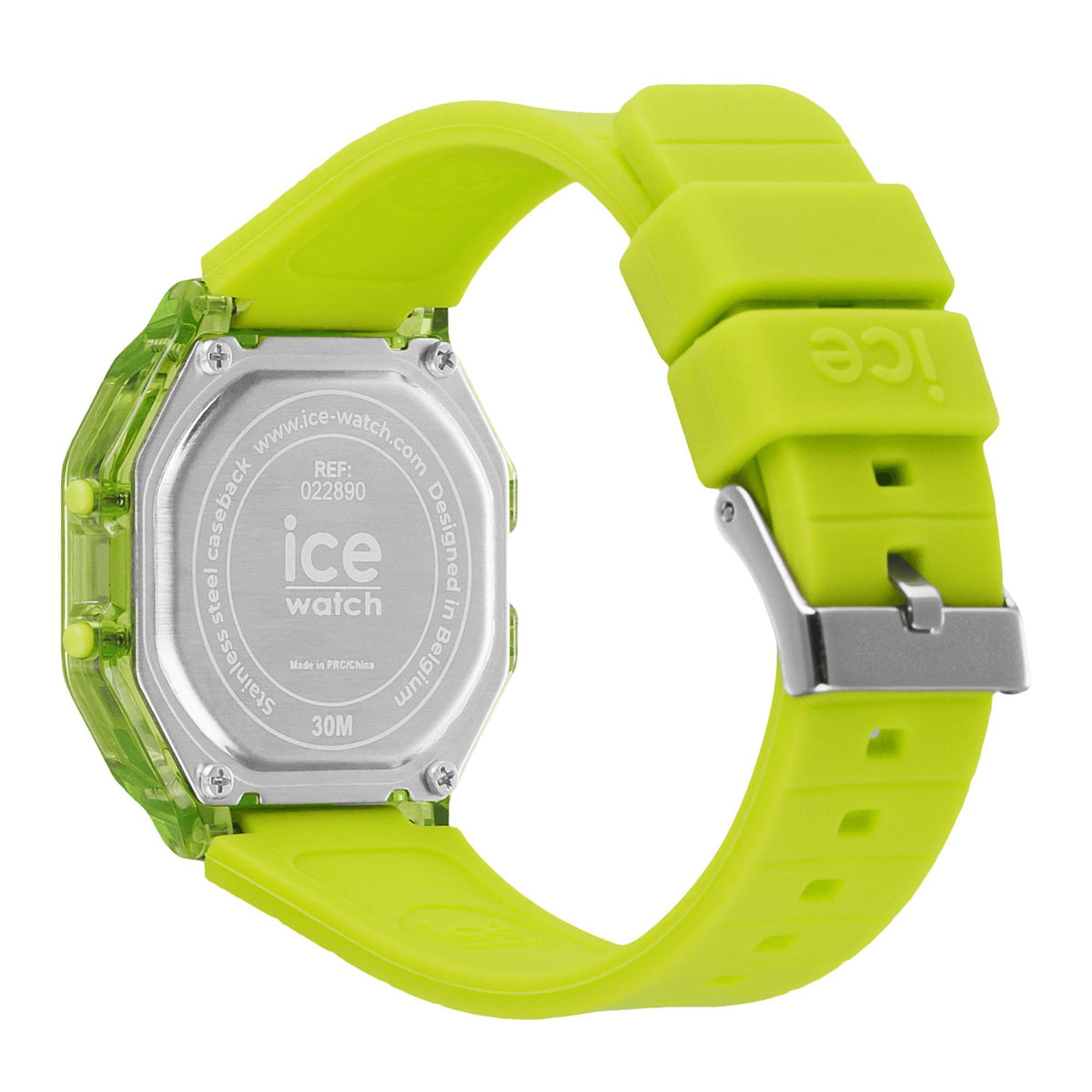 ICE digital watch with translucent case back, lime silicone band and metal buckle, 30M