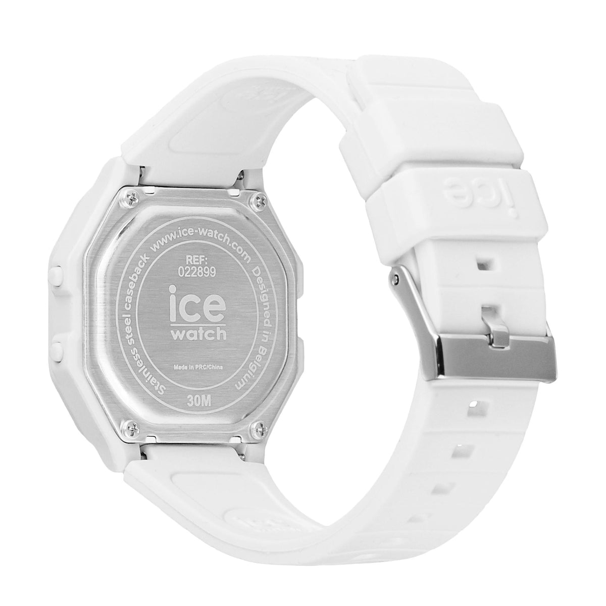 White silicone strap women's watch with silver case back and ICE logo