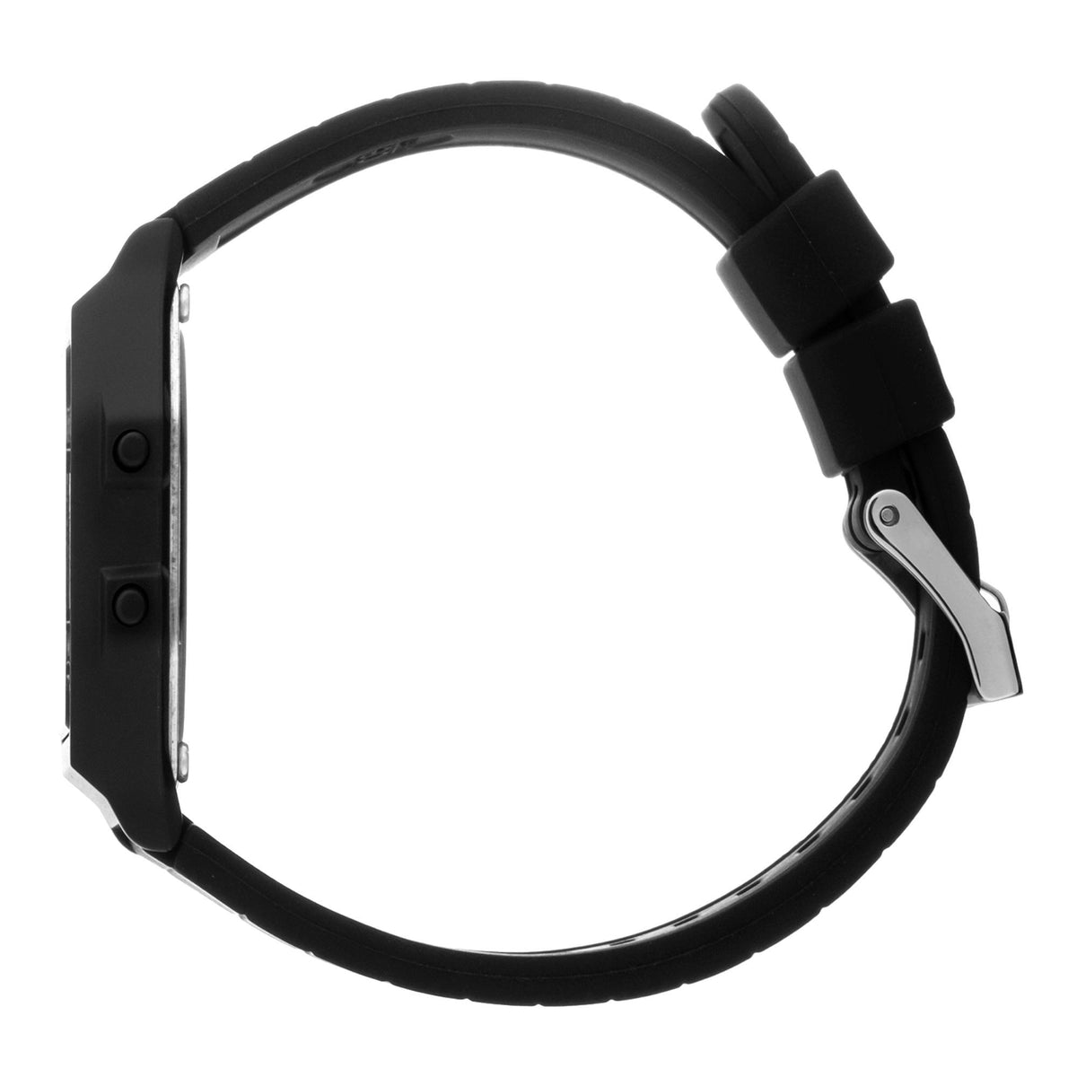 Black silicone watch band with metal clasp and underside hardware, rear view.