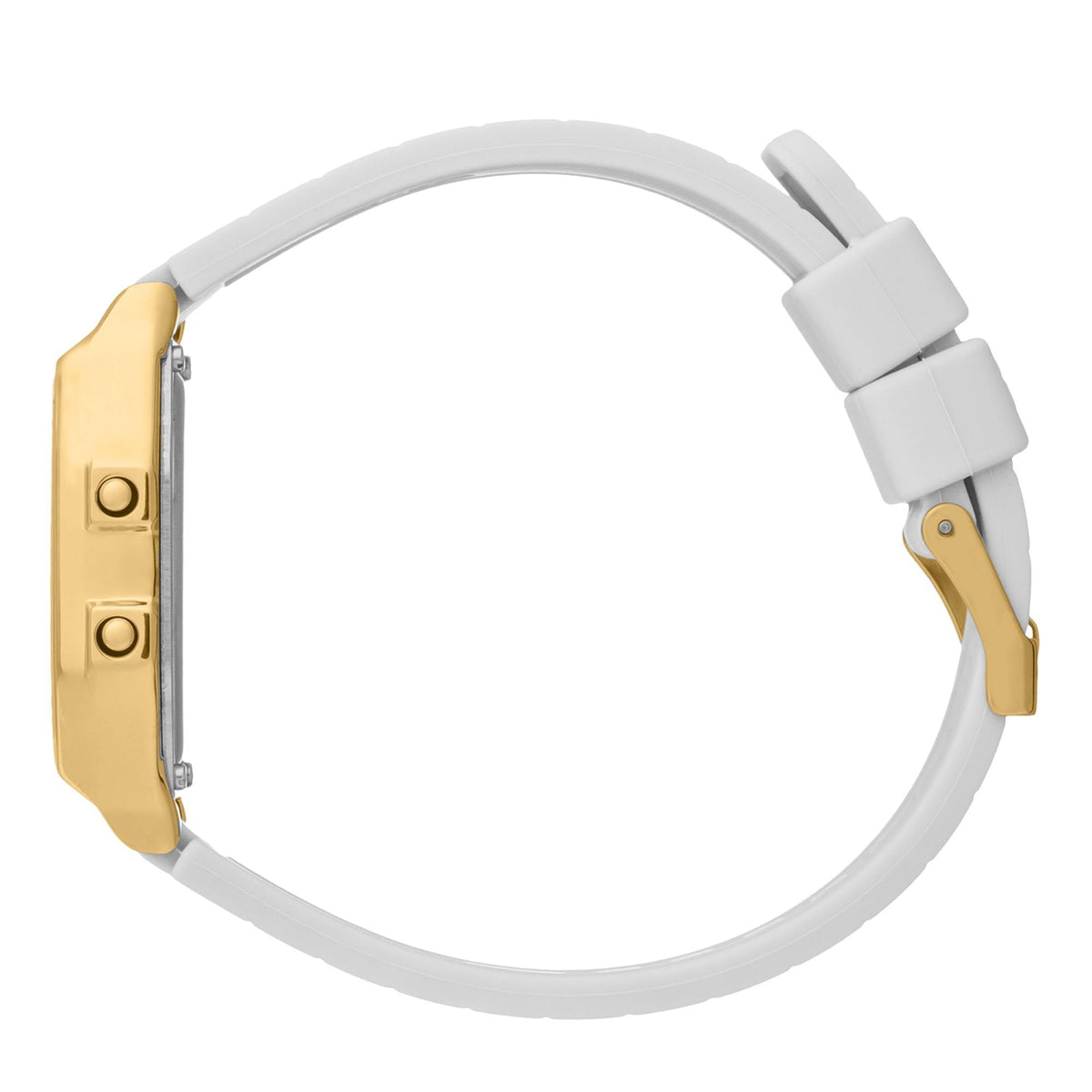 White silicone strap digital watch with gold case side and metal buttons