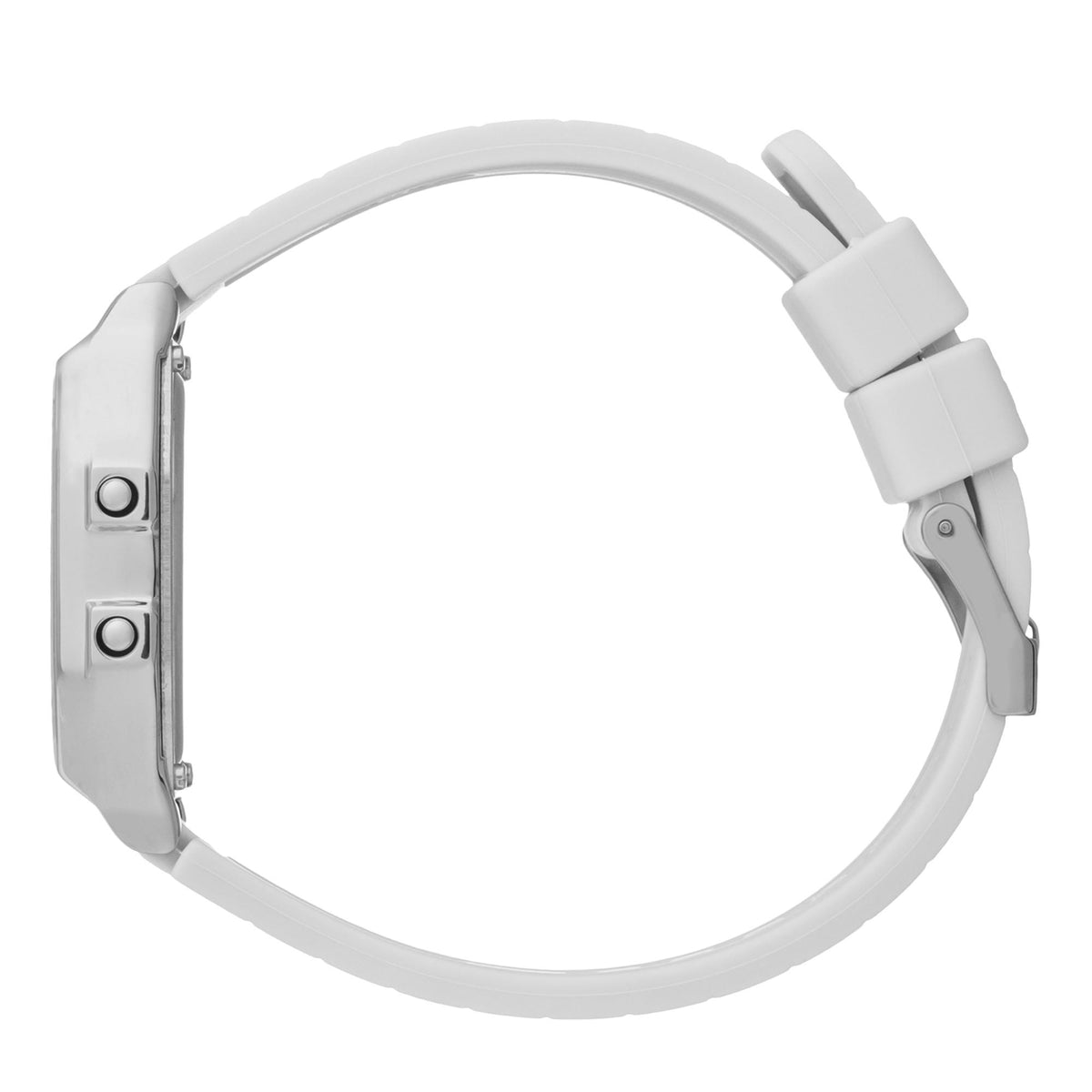White silicone strap digital watch with metal case and side buttons