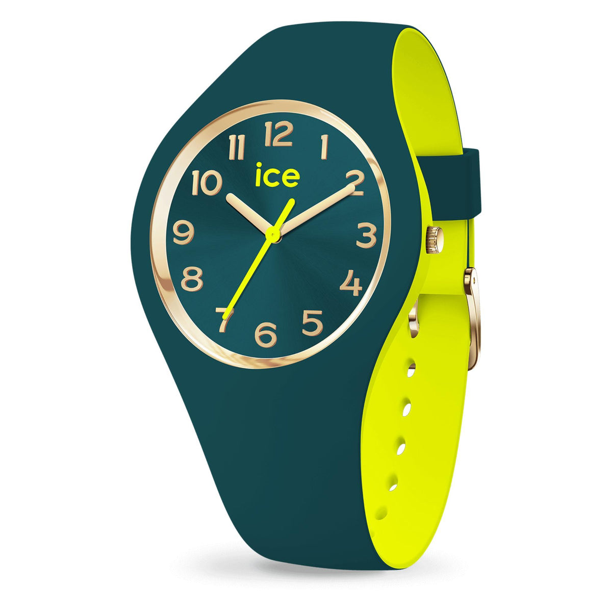 Women’s analog watch with dark green dial, gold bezel, lime silicone strap.