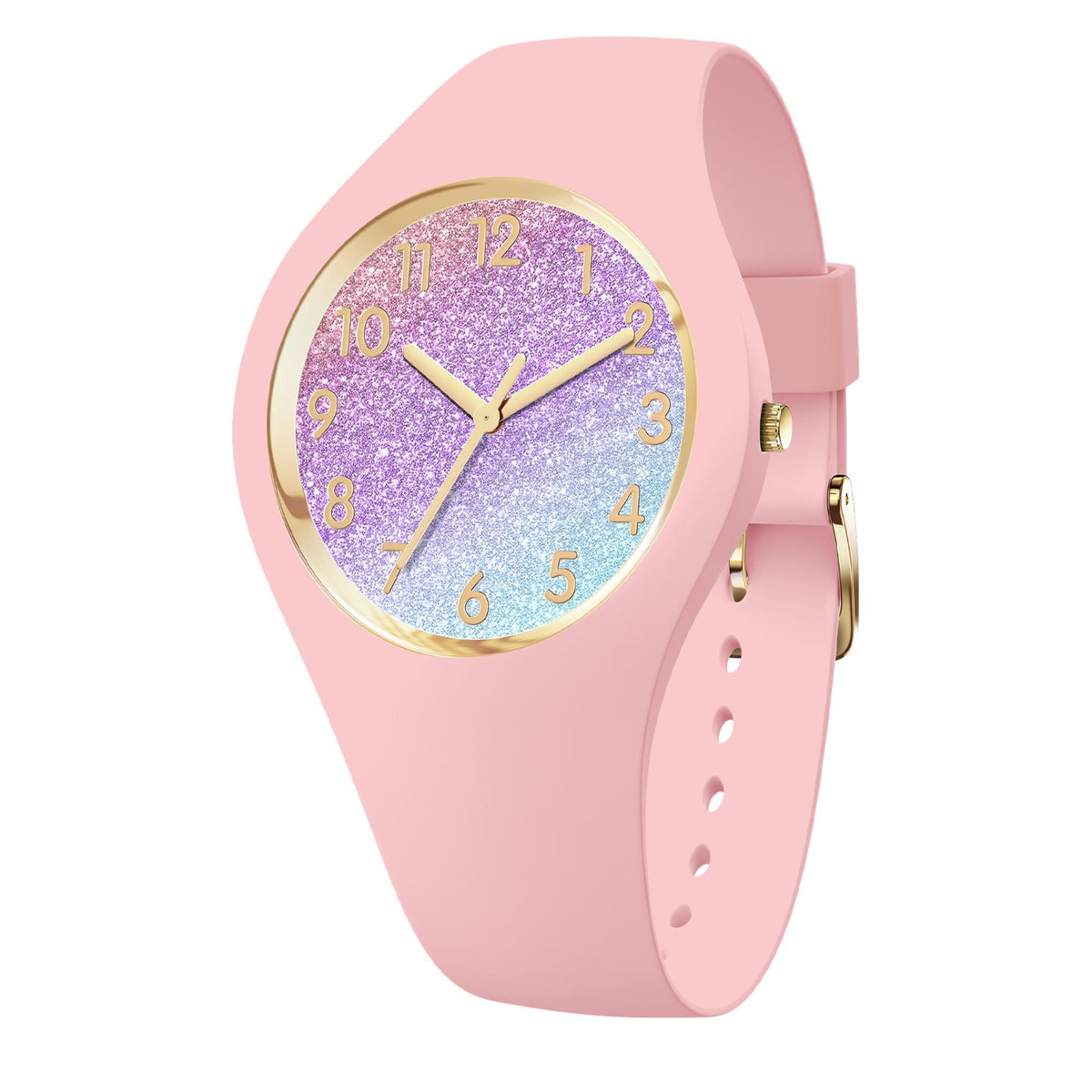 Women’s analog watch with glitter purple-to-blue dial and rose-pink silicone strap