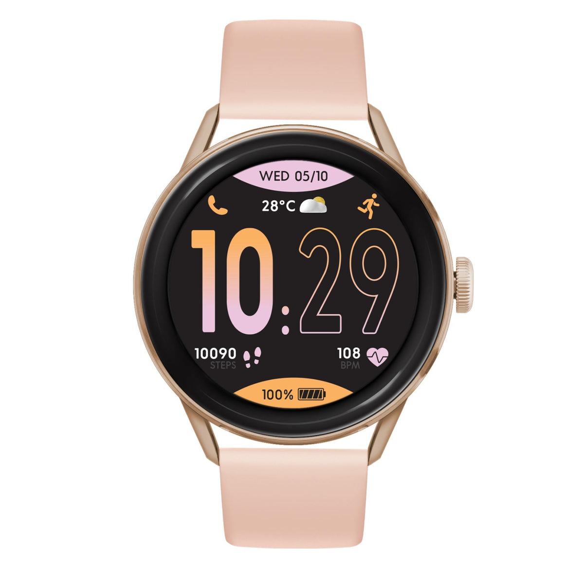 Rose gold smart watch with nude silicone strap, round AMOLED display