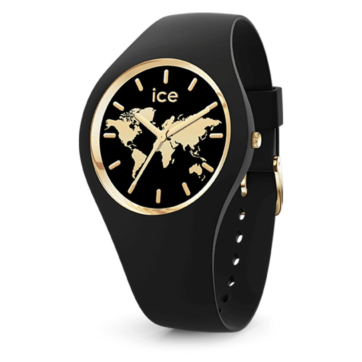 Black silicone strap analog watch with gold bezel and world map dial