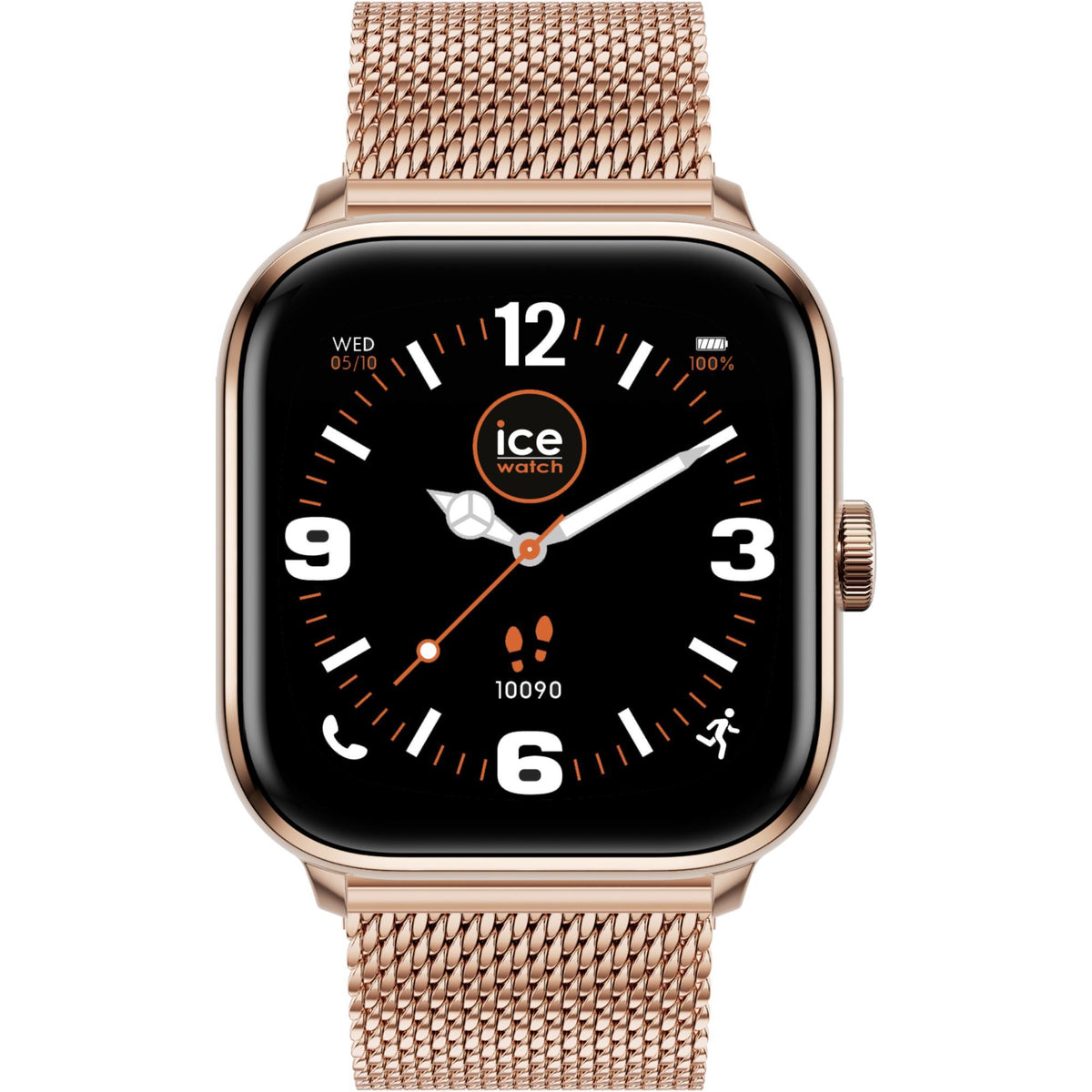 Rose gold smart watch with Milanese mesh band, black analog-style face with orange accents.